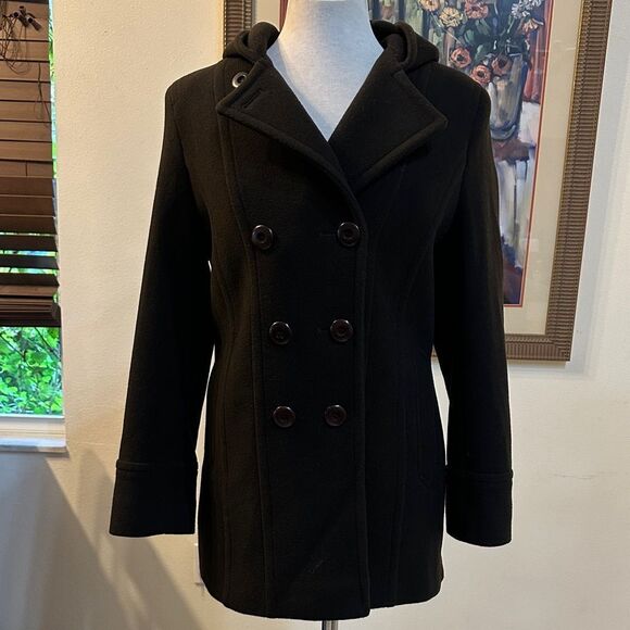 Preston & York Women's Dark Brown Double-Breasted Hooded Wool Coat Size 6 - Picture 2 of 12